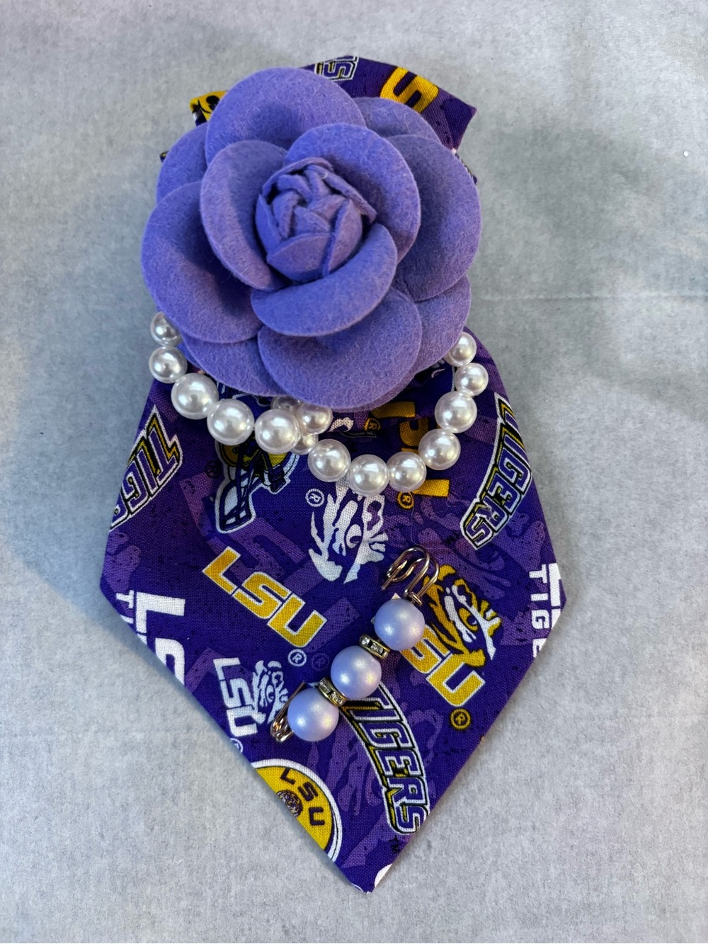 Upcycle LSU Purple Floral Dog Collar Accessory with Pearls